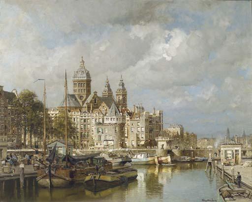 Johannes Christiaan Karel Klinkenberg - A bustling Prins Hendrikkade with the St. Nicolaas church and the Schreierstoren, Amsterdam