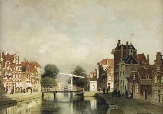 Johannes Christiaan Karel Klinkenberg - A sunlit canal with a draw-bridge