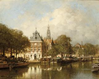 Johannes Christiaan Karel Klinkenberg - De Waag aan het Spaarne te Haarlem: View of the river Spaarne with the Bakenessertoren beyond, Haarlem