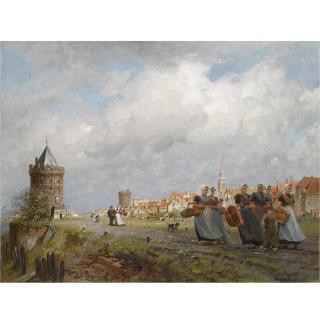 Johannes Christiaan Karel Klinkenberg - Dutch Arnemuiden Fisherwomen Returning From The Market In Vlissingen