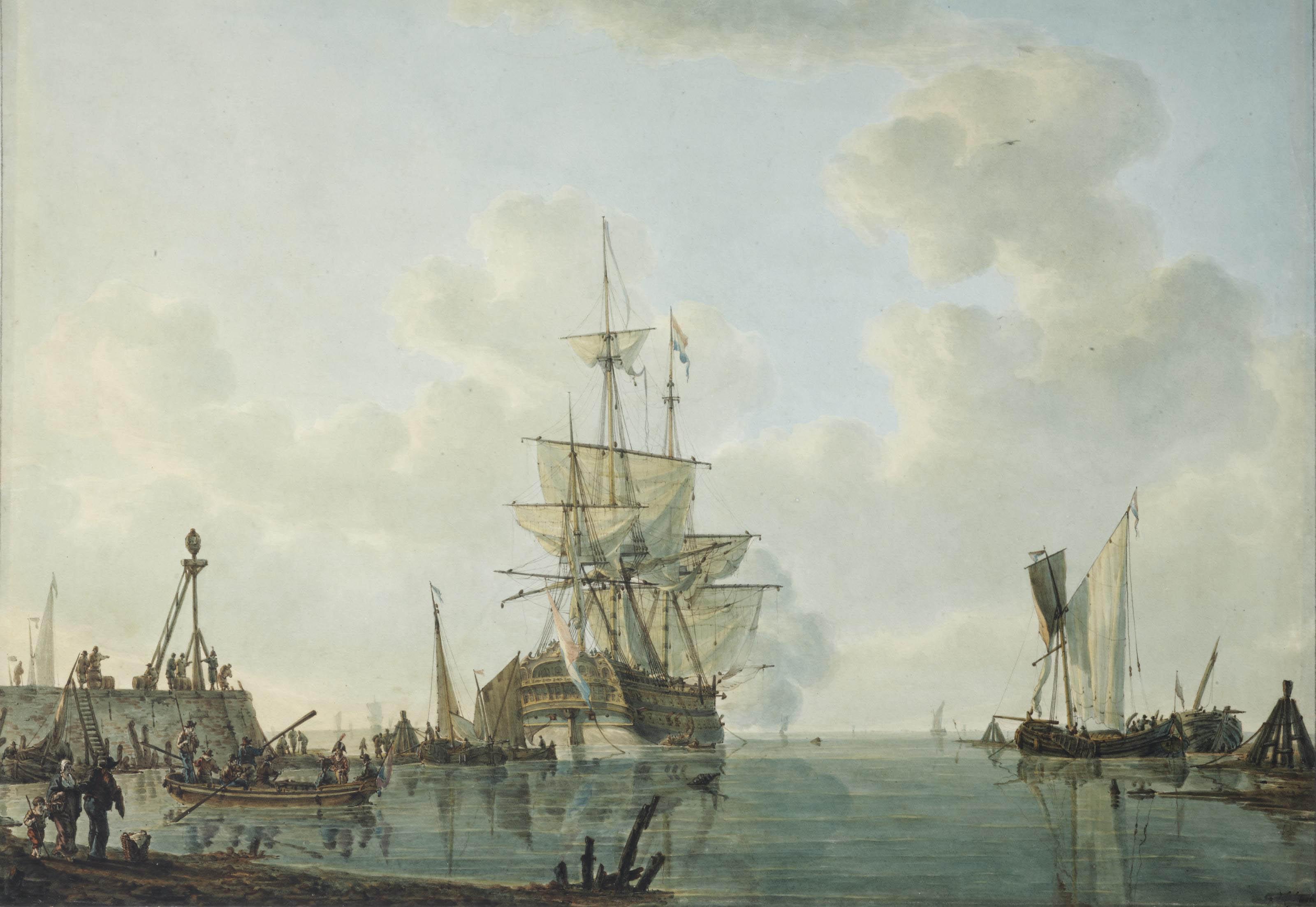 Johannes Christiaan Schotel - A Man-o\'-War lying at anchor