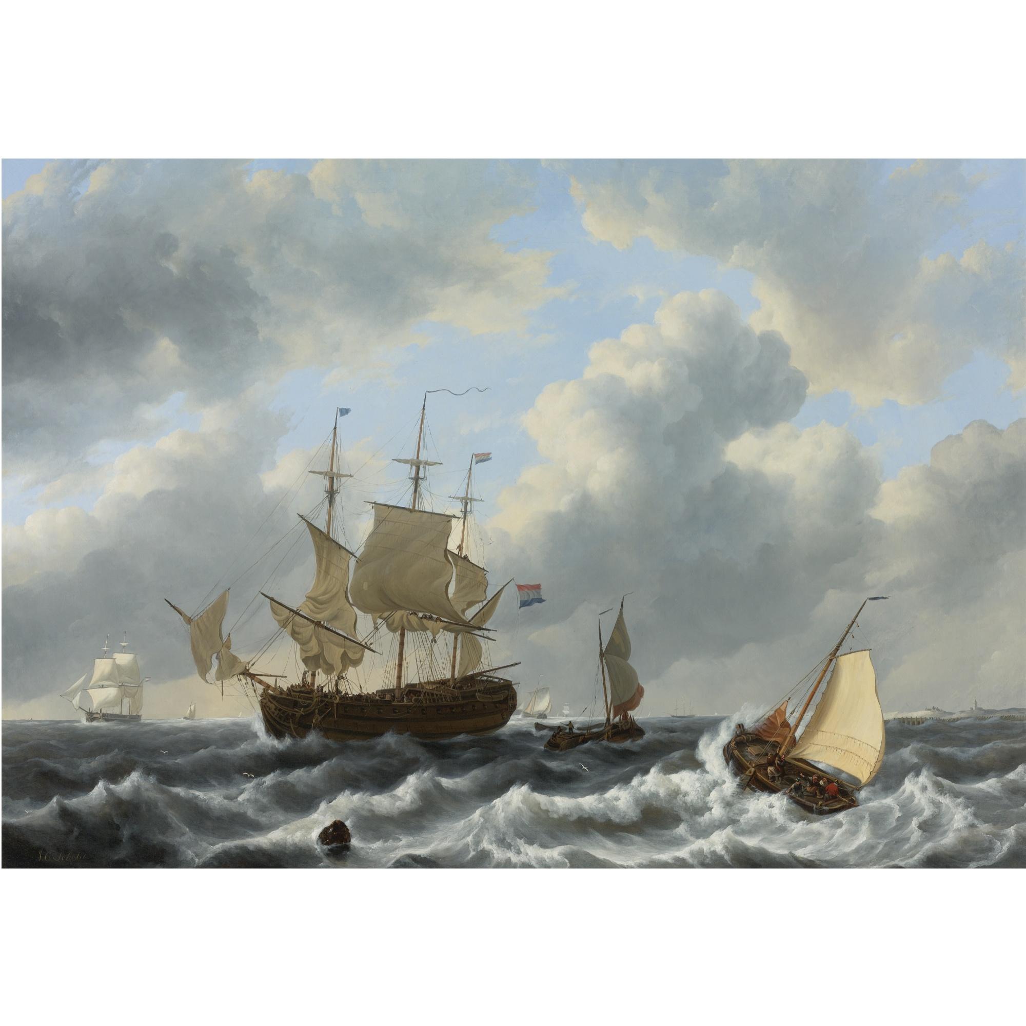 Johannes Christiaan Schotel - A Threemast And Other Vessels In An Estuary
