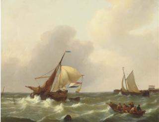 Johannes Christiaan Schotel - Dutch vessels on a choppy sea by a harbour entrance