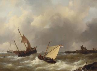 Johannes Christiaan Schotel - Sailing ships in choppy water