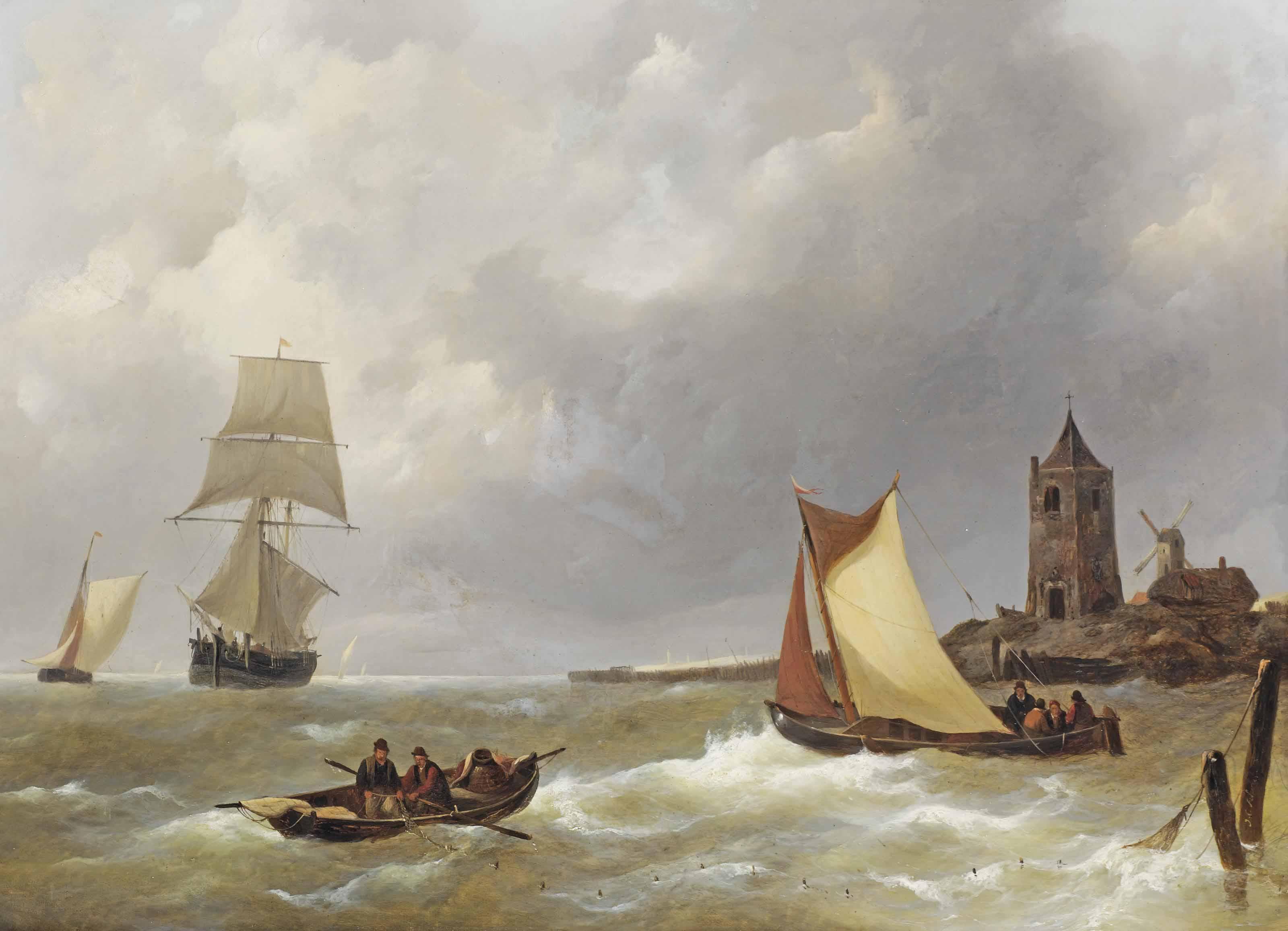 Johannes Christiaan Schotel - Sailing Vessels And Fishing Boats Off The Shore