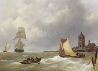 Johannes Christiaan Schotel - Sailing Vessels And Fishing Boats Off The Shore