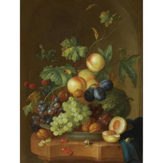 Johannes Christianus Roedig - A Still Life With Peaches, Grapes, Plums, A Melon, Cherries, Walnuts, Chestnuts On A Wan-Li Porcelain Plate, Together With Two Snails On A Marble Ledge, Draped With A Blue Cloth