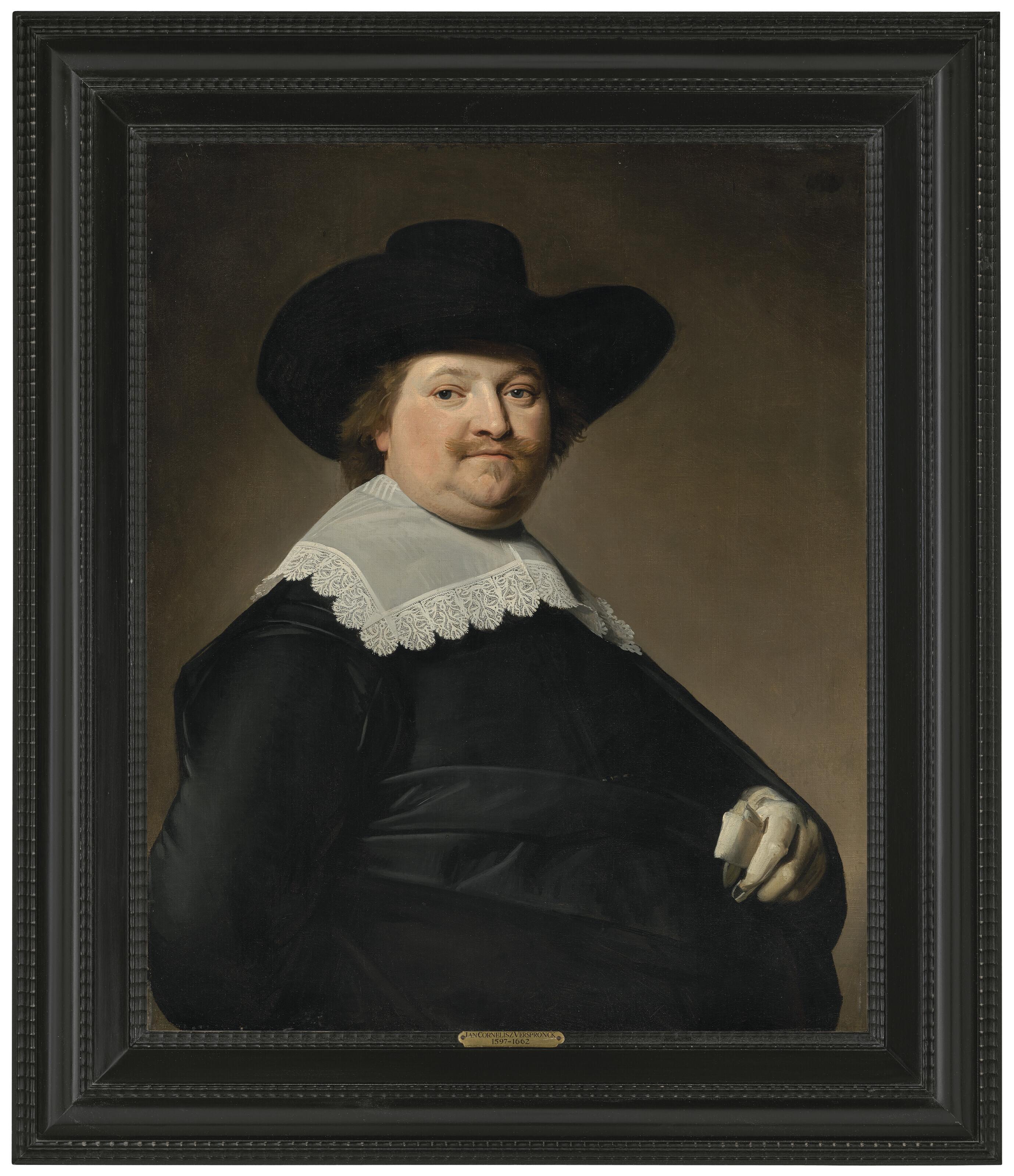 Johannes Cornelisz. Verspronck - Portrait of a Gentleman, half-length, wearing a black costume with a white lace collar and a black hat