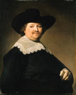 Johannes Cornelisz. Verspronck - Portrait of a Gentleman, half-length, wearing a black costume with a white lace collar and a black hat