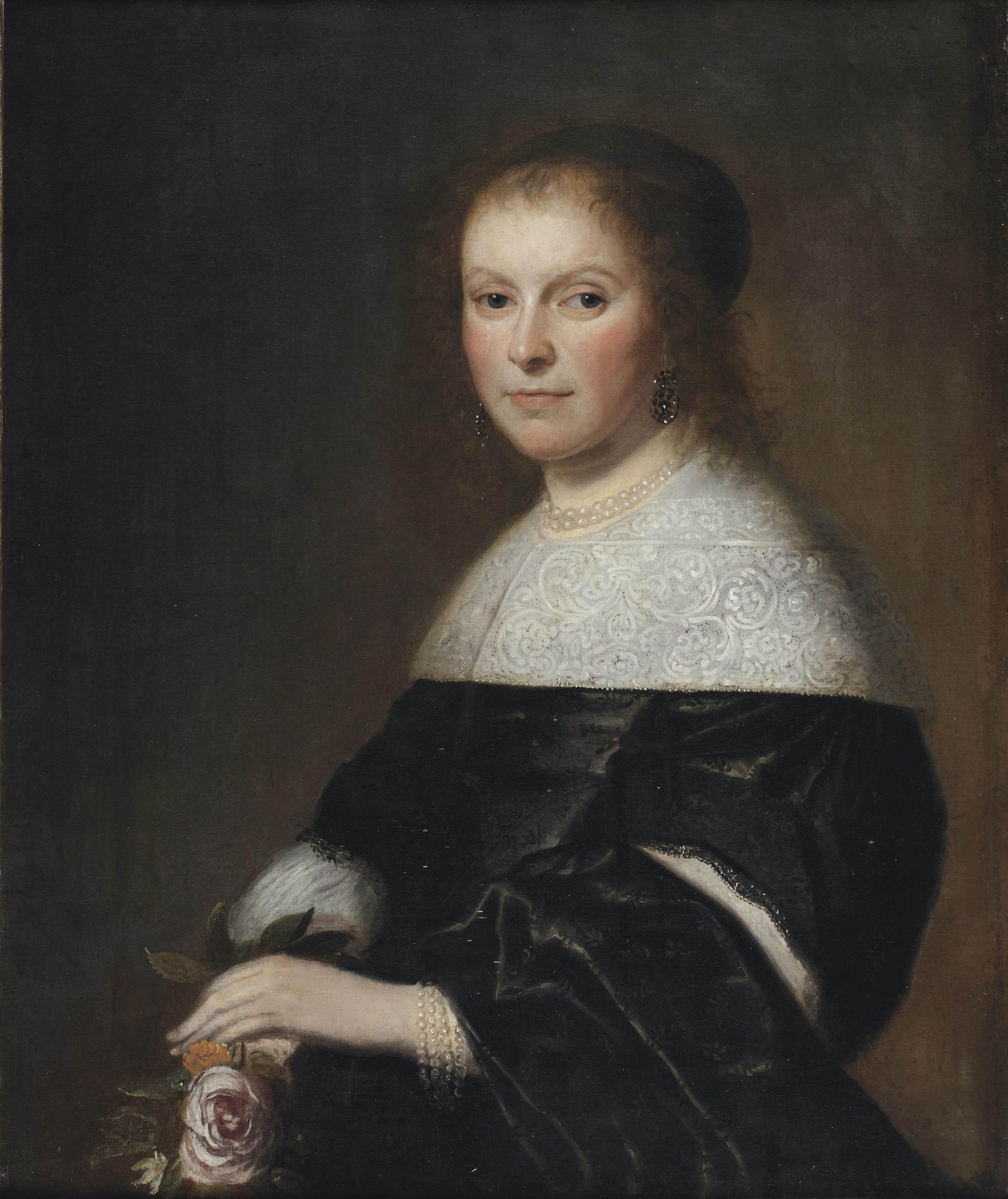 Johannes Cornelisz. Verspronck - Portrait of a lady, half-length, in a black dress with a white lace collar and pearl jewelry, holding a pink rose