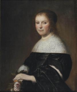 Johannes Cornelisz. Verspronck - Portrait of a lady, half-length, in a black dress with a white lace collar and pearl jewelry, holding a pink rose
