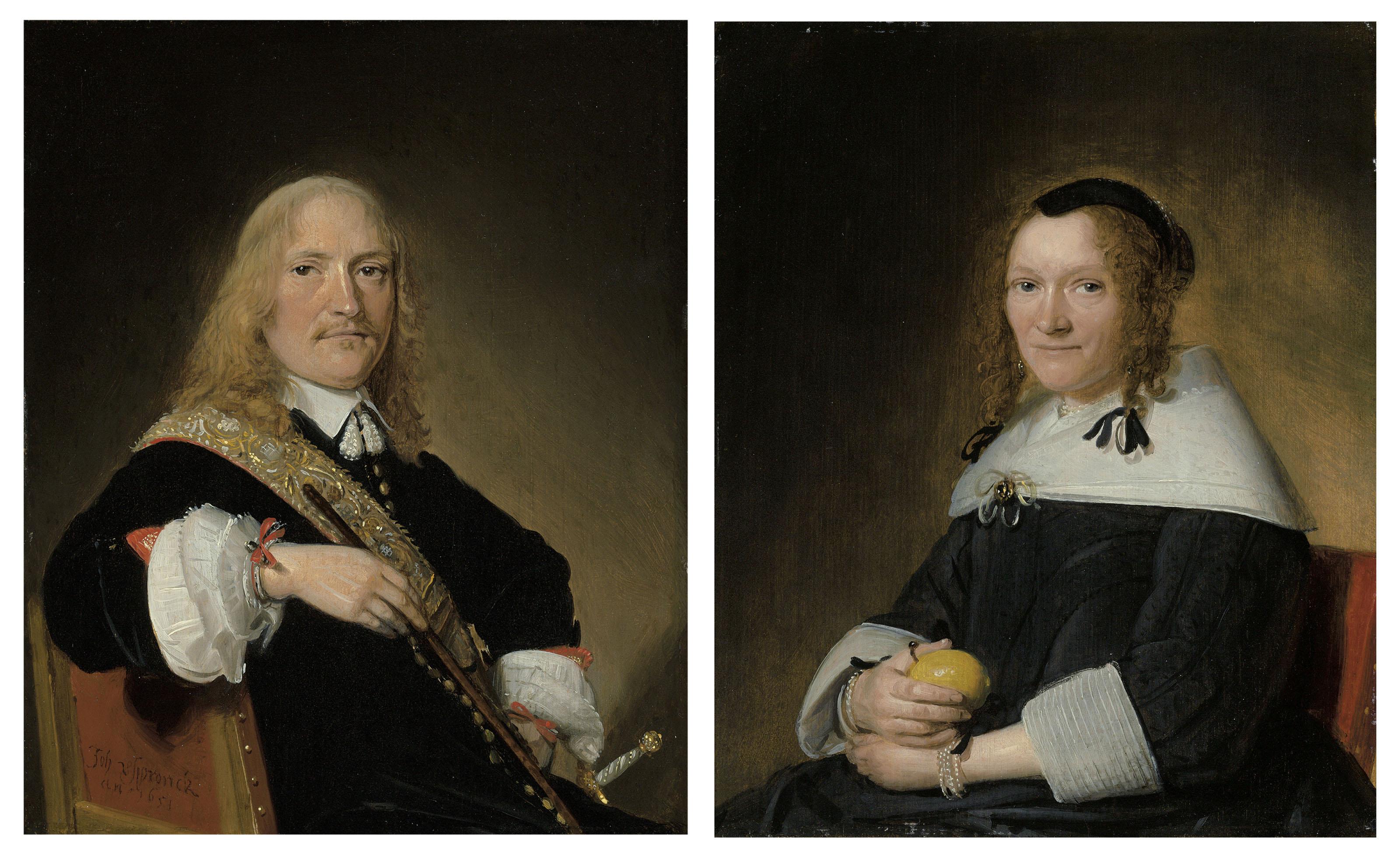 Johannes Cornelisz. Verspronck - Portrait of Admiral Jan van Galen (1604-1653), half-length, seated, in a black doublet with a gold sash; and Portrait of his wife, Maria van Cracau (b. 1617), half-length, seated, holding a lemon