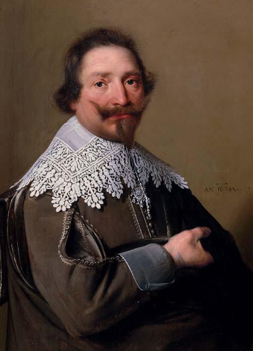 Johannes Cornelisz. Verspronck - Portrait of Jean le Gouche (1588-1669), half-length, in a brown coat and lace collar, holding a hat