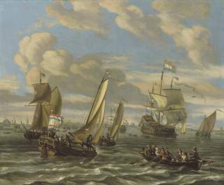 Johannes De Blaauw - Shipping on the IJ off Amsterdam with a bezan yacht, a Dutch man-o\'-war, a wherry and other shiping