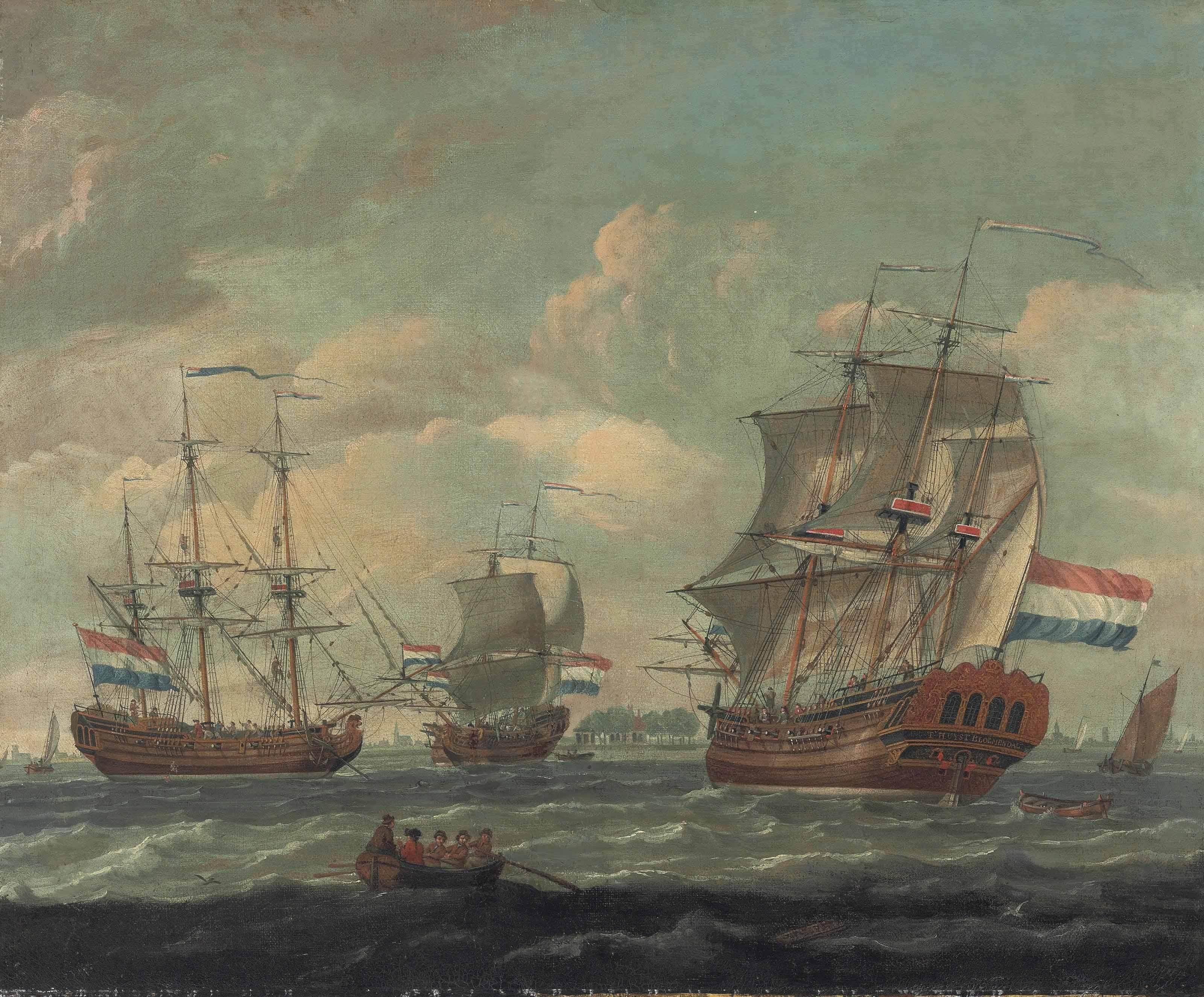 Johannes De Blaauw - The Dutch Armed Merchantman T\'Huyst Bloemendal, In Three Positions, In Crowded Waters Off The Low Countries