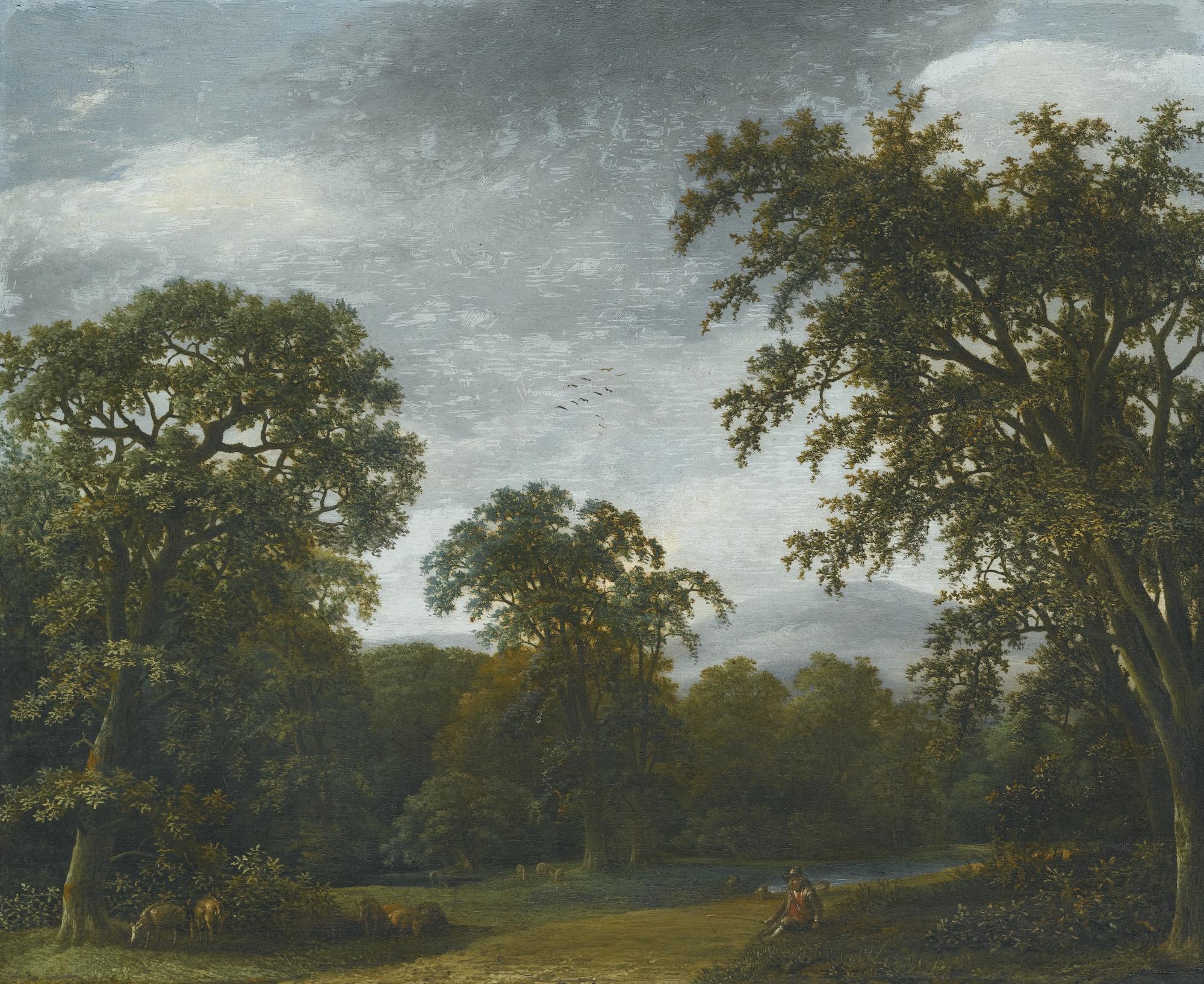 Johannes De Lagoor - A Wooded Landscape With A Shepherd And His Flock By A Path