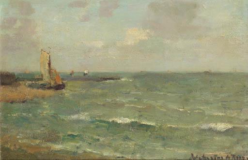 Johannes Embrosius Wetering De Rooy - Bij Hoogmade: sailing vessels on a summer\'s day