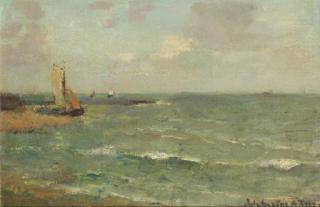 Johannes Embrosius Wetering De Rooy - Bij Hoogmade: sailing vessels on a summer\'s day