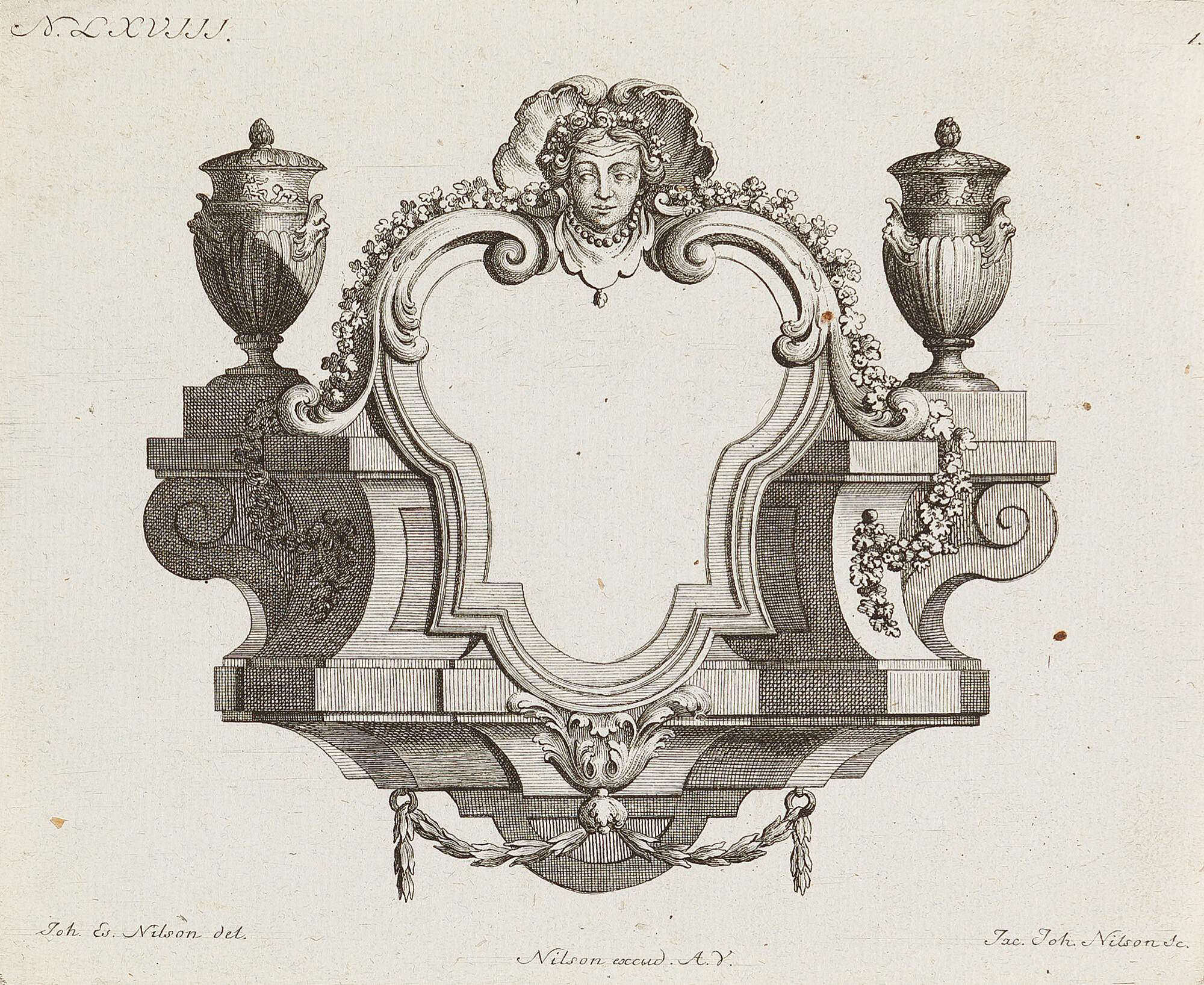 Johannes Esaias Nilson - 10 Bll.: Architektonische Laubwerke, Gedenktafeln und antike