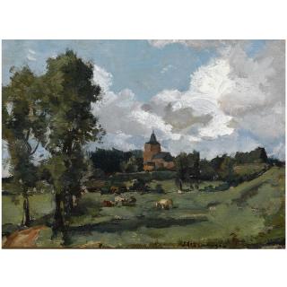 Johannes Evert Akkeringa - Dutch A Summer Landscape With A Village In The Distance, Possibly Heelsum