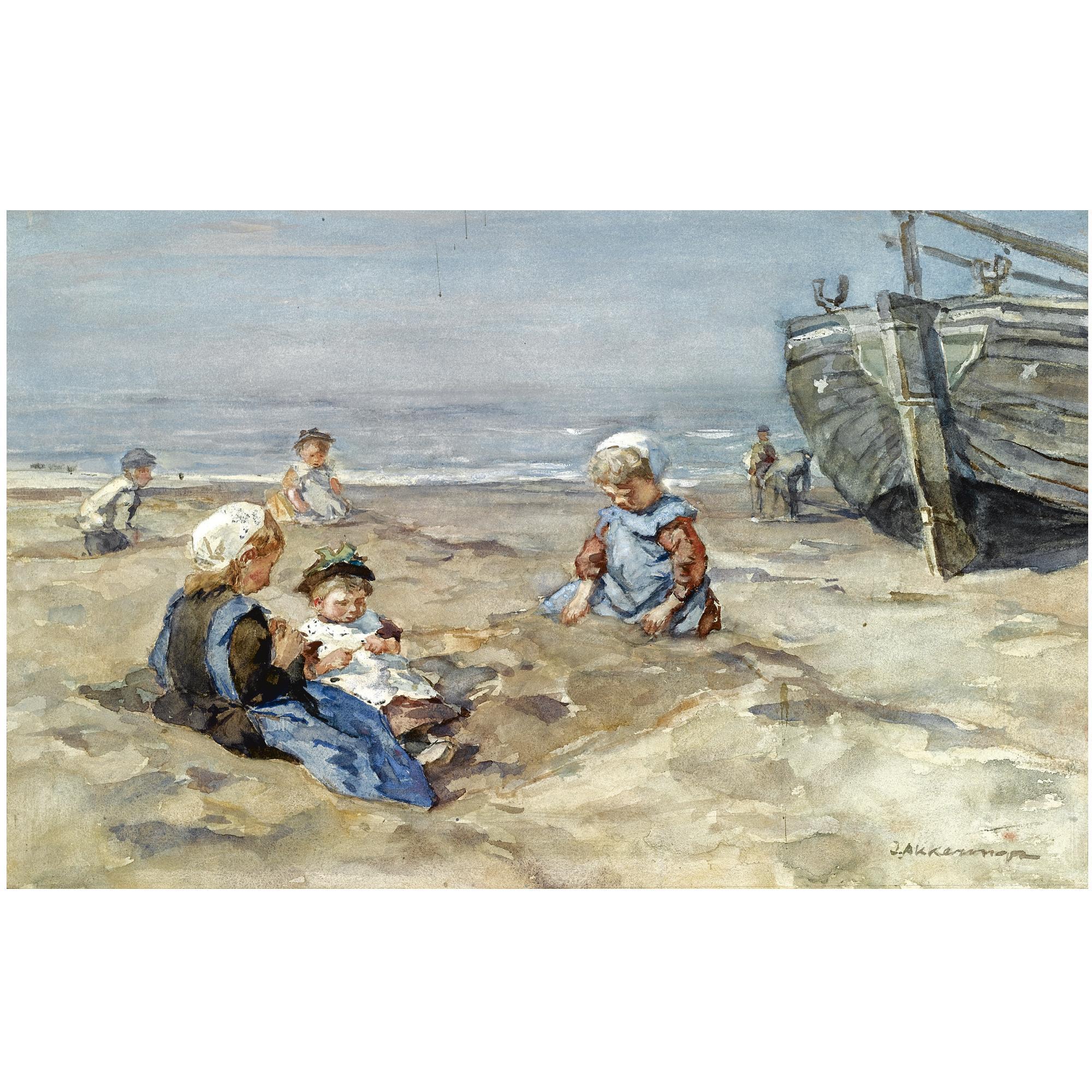 Johannes Evert Akkeringa - Dutch Children At Play On The Beach