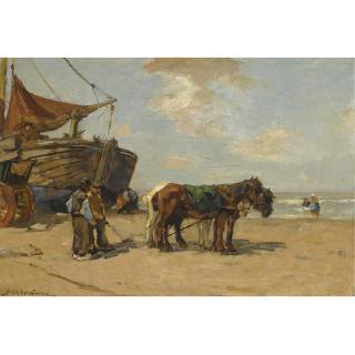 Johannes Evert Akkeringa - Figures Near A Bomschuit On The Beach