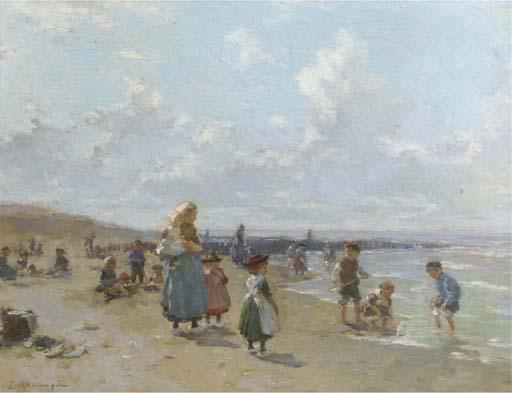 Johannes Evert Akkeringa - In de vakantiedagen: children playing on the beach in summer