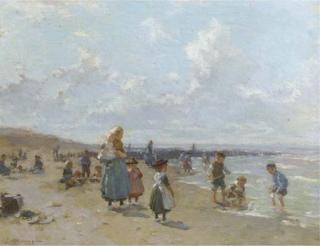 Johannes Evert Akkeringa - In de vakantiedagen: children playing on the beach in summer