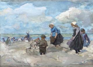 Johannes Evert Akkeringa - Young shell seekers on the beach
