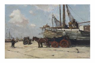 Johannes Evert Hendrik Akkeringa - Unloading the Bomschuit on the Scheveningen beach