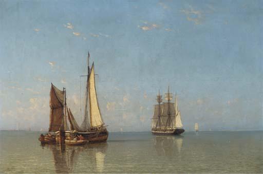 Johannes F. Schutz - A coastal trader and a fishing barge in calm waters at dawn
