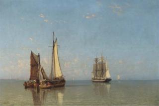 Johannes F. Schutz - A coastal trader and a fishing barge in calm waters at dawn