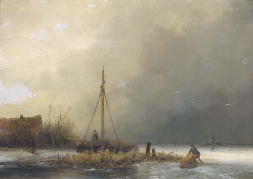 Johannes Franciscus Hoppenbrouwers - A frozen river landscape