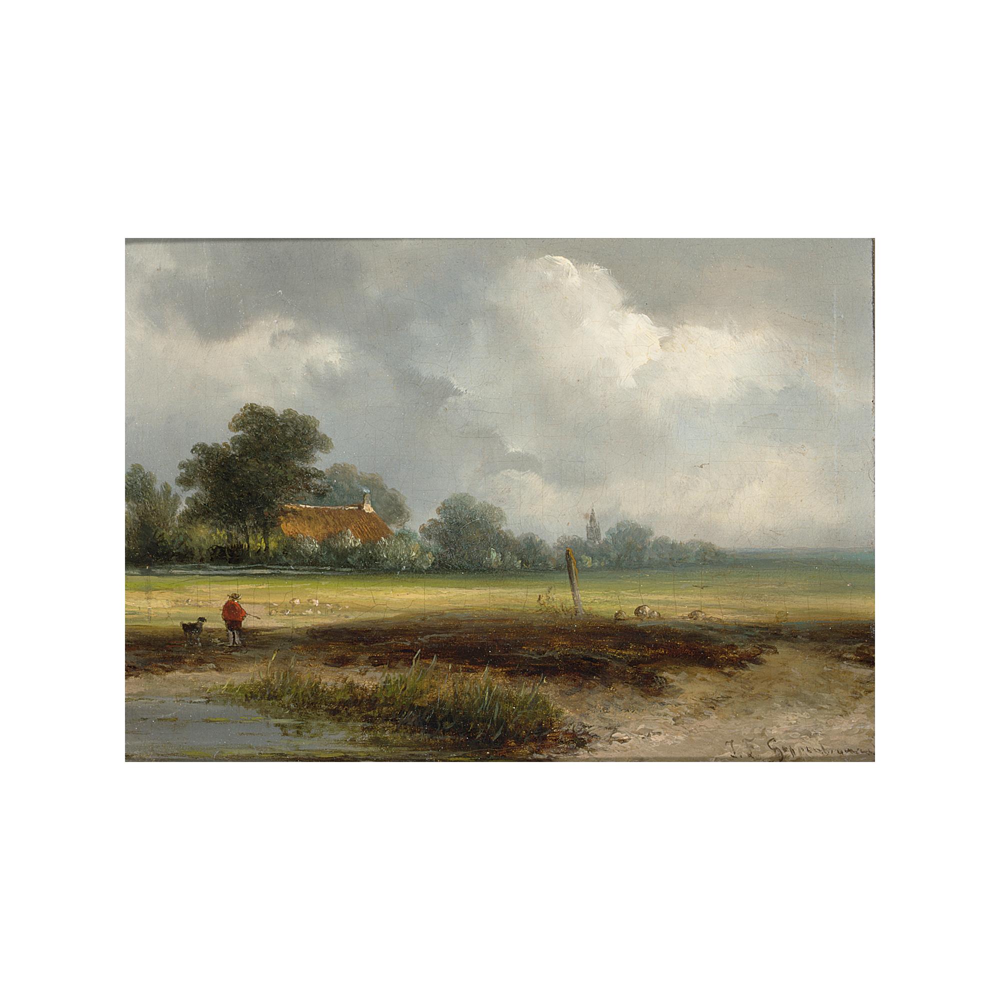 Johannes Franciscus Hoppenbrouwers - A Hunter With His Dog In A Polder Landscape