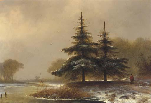 Johannes Franciscus Hoppenbrouwers - A sportsman on a wooded riverbank in winter