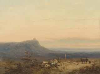 Johannes Franciscus Hoppenbrouwers - A Traveller In An Extensive Landscape At Dusk