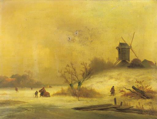Johannes Franciscus Hoppenbrouwers - A winterlandscape with peasants near a windmill