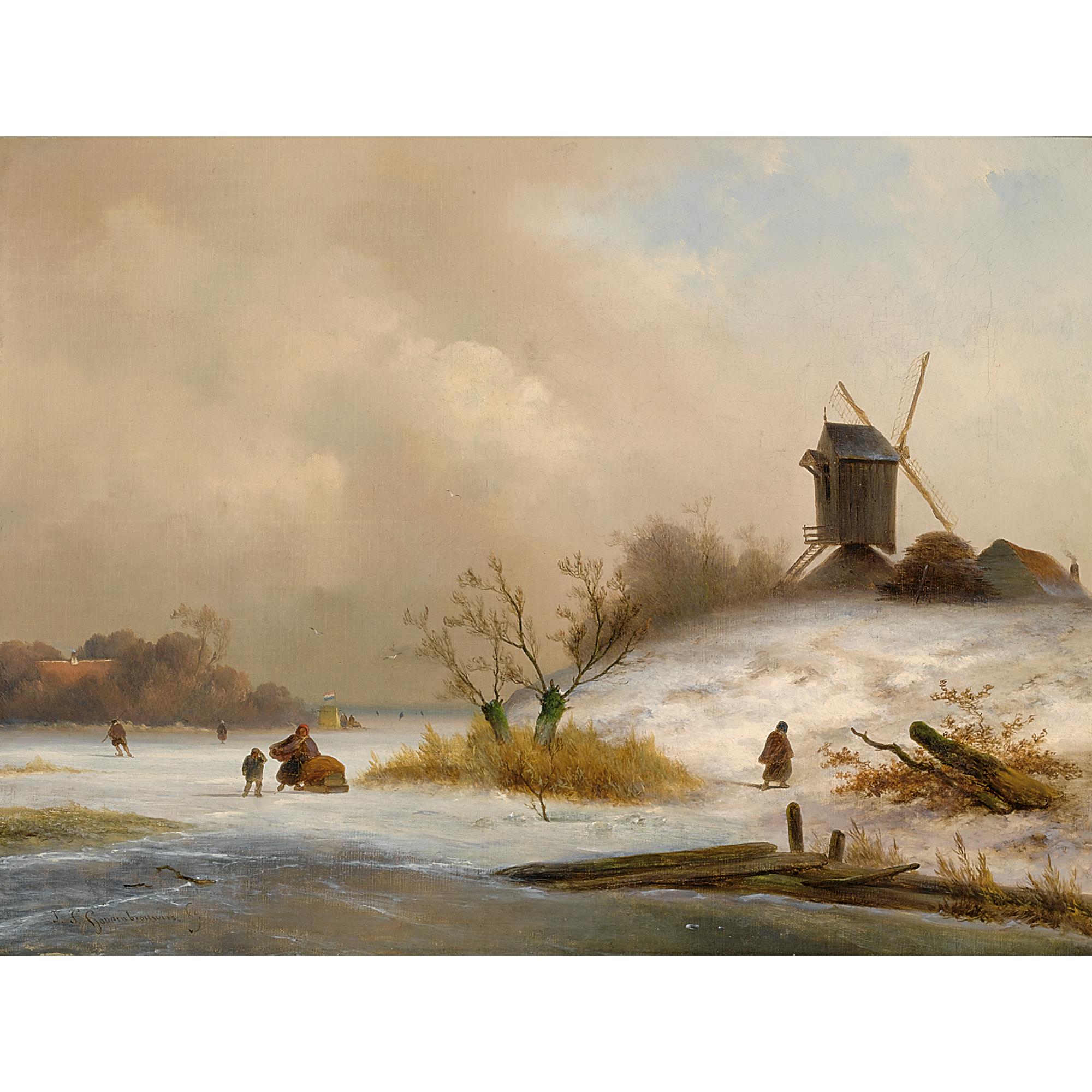Johannes Franciscus Hoppenbrouwers - Figures In A Winter Landscape, A \'Koek En Zopie\' In The Distance