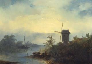 Johannes Franciscus Hoppenbrouwers - Smoking eels on a river in moonlight