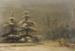 Johannes Franciscus Hoppenbrouwers - Snowcovered pine-trees in a winter landscape