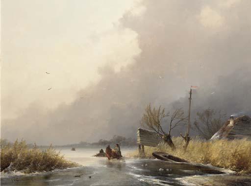 Johannes Franciscus Hoppenbrouwers - Woodgatherers on the ice on a windy day