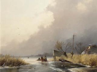 Johannes Franciscus Hoppenbrouwers - Woodgatherers on the ice on a windy day