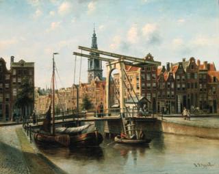 Johannes Franciscus Spohler - A busy city canal scene