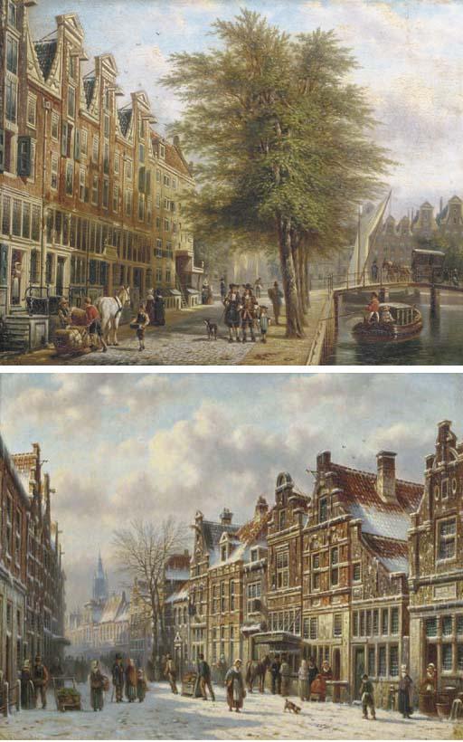 Johannes Franciscus Spohler - A busy town in winter; and Gentlemen by an Amsterdam canal in summer