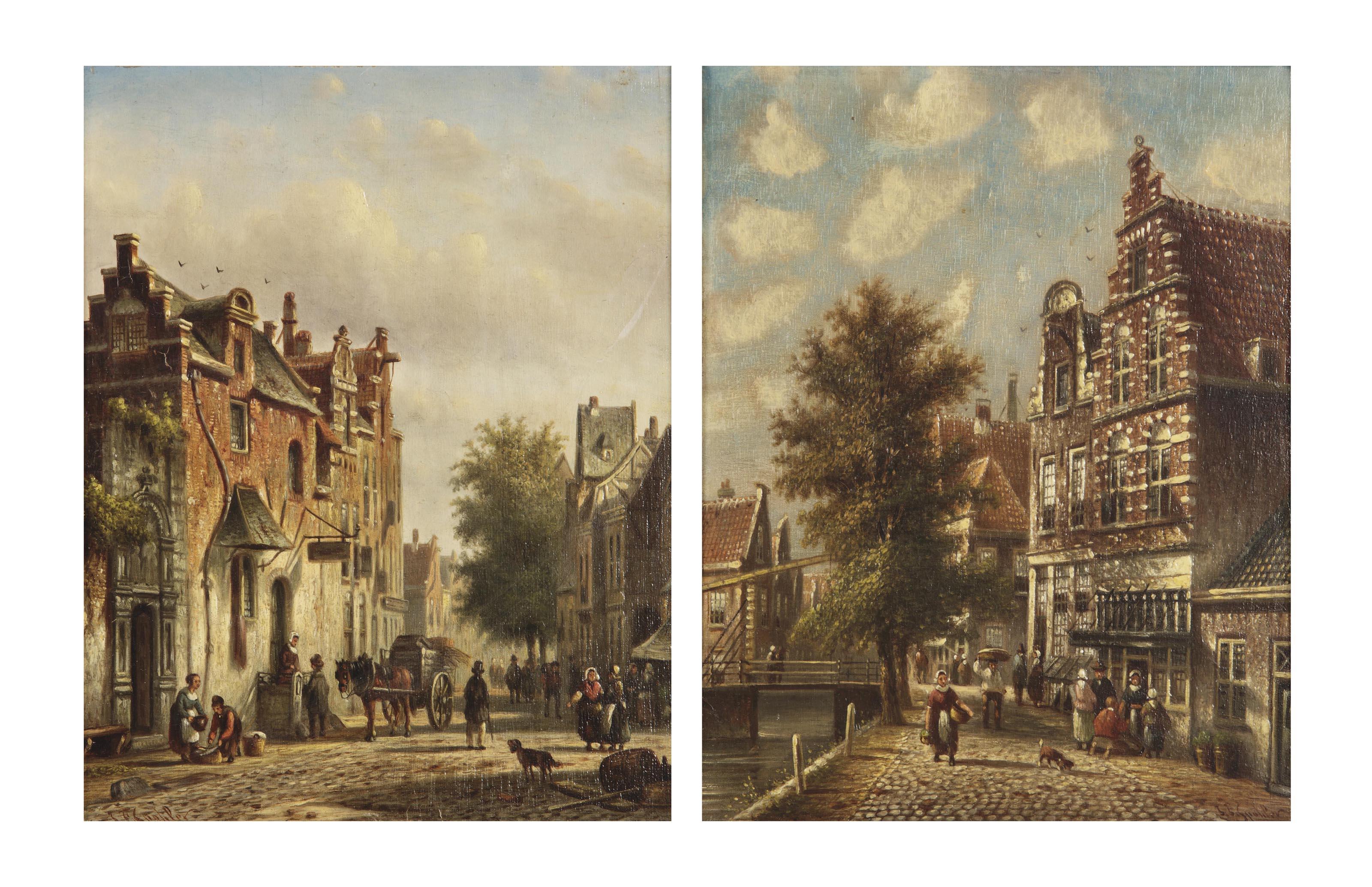 Johannes Franciscus Spohler - A horse-drawn cart in a busy sunlit street; and Figures along a canal in summer
