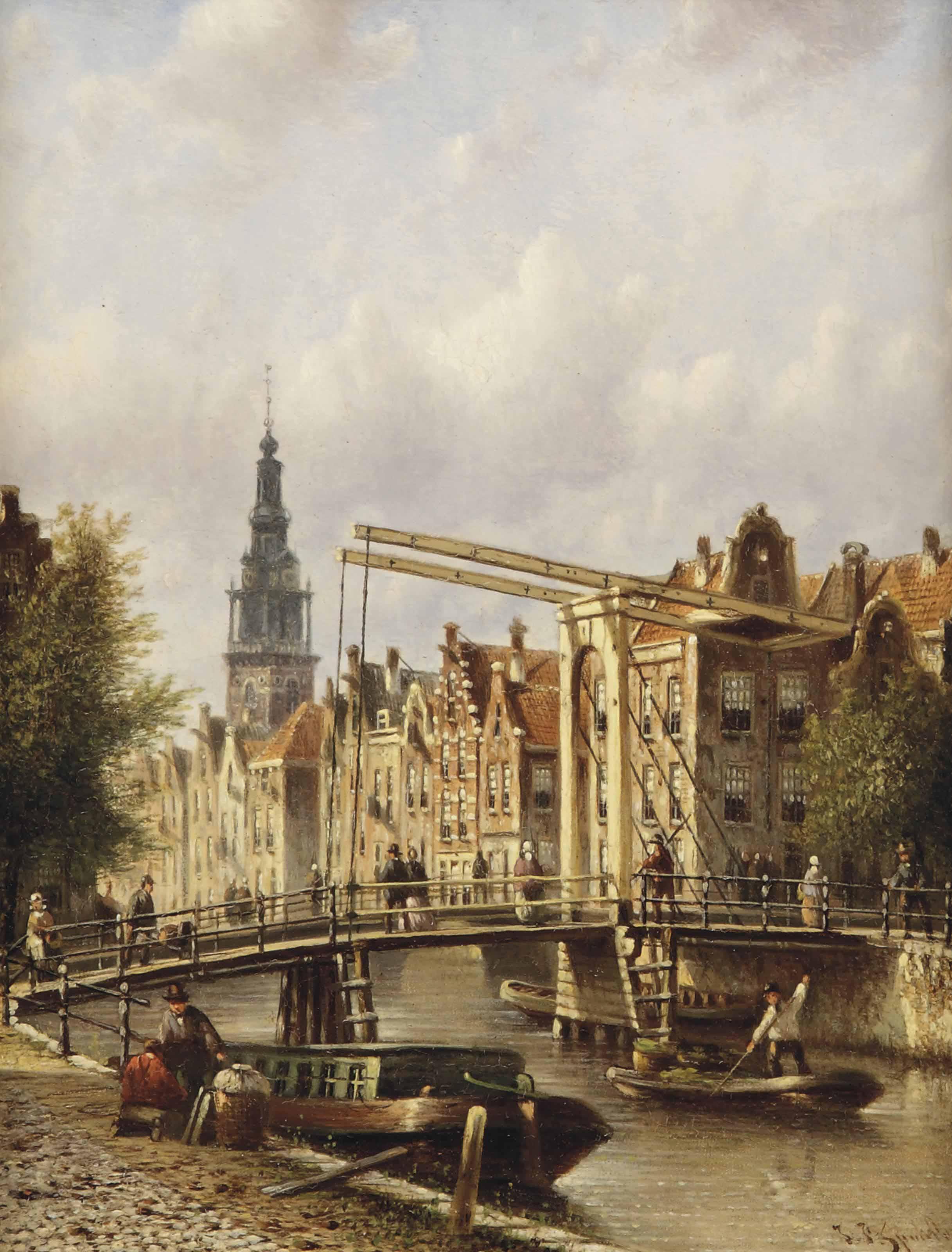 Johannes Franciscus Spohler - A View From The Groenburgwal In Amsterdam, The Zuiderkerk Beyond