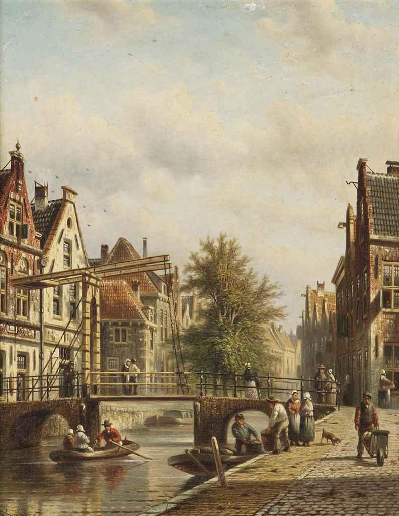 Johannes Franciscus Spohler - Activities on a canal in a Dutch town