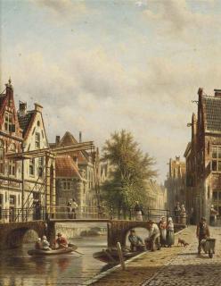 Johannes Franciscus Spohler - Activities on a canal in a Dutch town