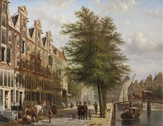 Johannes Franciscus Spohler - Daily activities along a canal in a Dutch city, Amsterdam