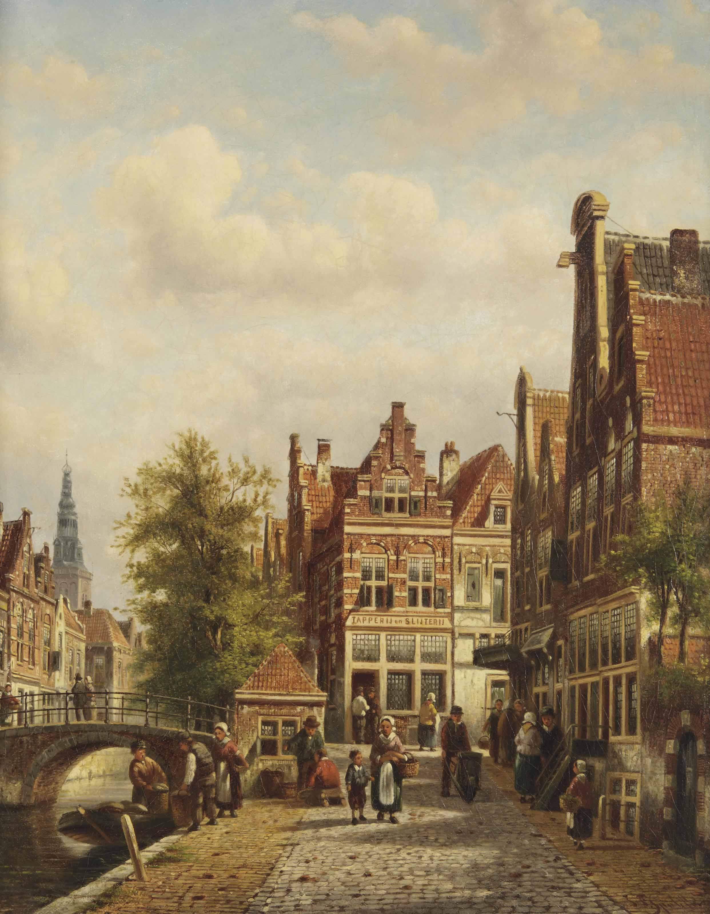 Johannes Franciscus Spohler - Daily activities along a canal with the Oude Kerk beyond, Amsterdam